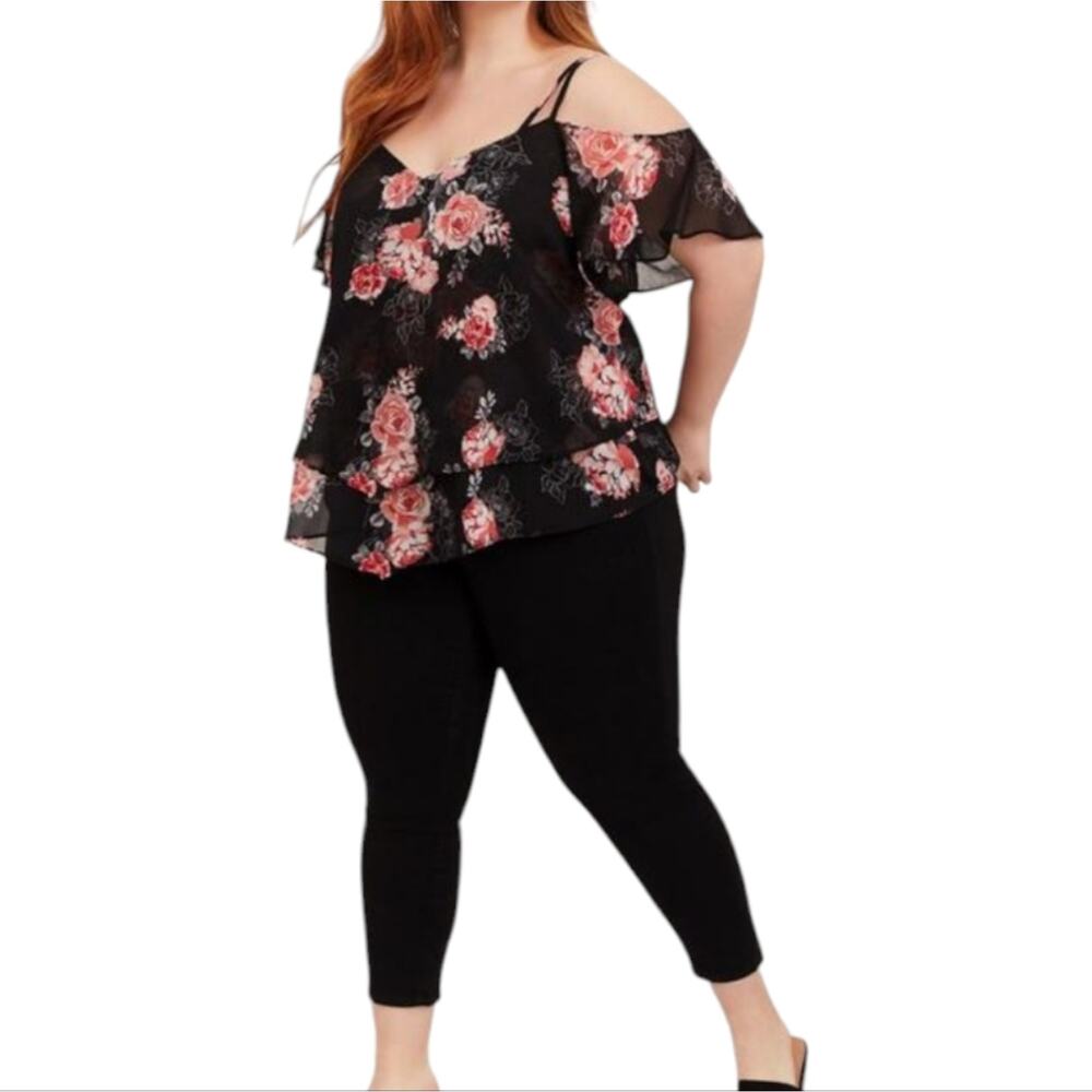 Torrid Black and Red Floral Chiffon Hanky Hem Cold Shoulder Top Plus Size 2X